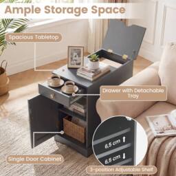 Costway Wooden End Table w/ Charging Station Nightstand Side Table w/Drawer in Grey - thumbnail 9