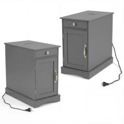 Costway Wooden End Table w/ Charging Station Nightstand Side Table w/Drawer in Grey - thumbnail 3