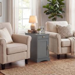 Costway Wooden End Table w/ Charging Station Nightstand Side Table w/Drawer in Grey - thumbnail 6