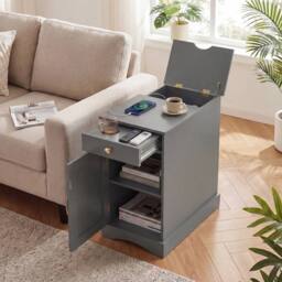 Costway Wooden End Table w/ Charging Station Nightstand Side Table w/Drawer in Grey - thumbnail 5