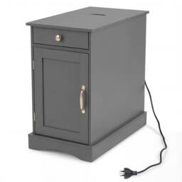 Costway Wooden End Table w/ Charging Station Nightstand Side Table w/Drawer in Grey