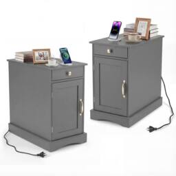 Costway Wooden End Table w/ Charging Station Nightstand Side Table w/Drawer in Grey - thumbnail 4