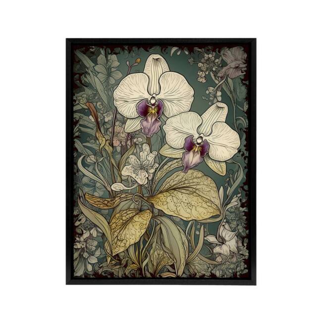 "Artery8 Orchid Flowers Art Nouveau Framed Canvas Wall Art Print - Size: W12"" x H16""" - image 1
