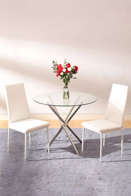 Living and Home 3pcs Dining Table Set of 2 Modern Faux Leather Dining Chairs and Tempered Glass Table in White - image 1