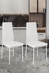Living and Home 3pcs Dining Table Set of 2 Modern Faux Leather Dining Chairs and Tempered Glass Table in White - thumbnail 2