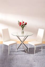 Living and Home 3pcs Dining Table Set of 2 Modern Faux Leather Dining Chairs and Tempered Glass Table in White - thumbnail 1