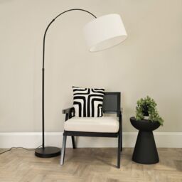 ValueLights Louis Black Arched Curved Floor Lamp with Fabric Drum Lamp Shade in White