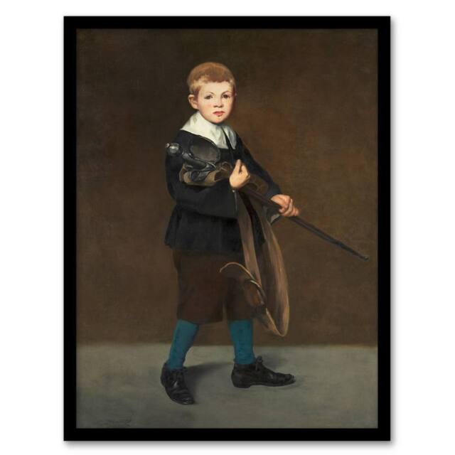 Artery8 Edouard Manet Framed Wall Art Boy with a Sword Portrait Painting in Brown - Size: A4 - image 1