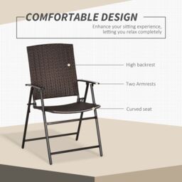 OUTSUNNY 2pcs Folding Garden Chair Rattan Bistro Set with Armrest for Outdoor Steel Frame in Brown - thumbnail 5