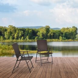 OUTSUNNY 2pcs Folding Garden Chair Rattan Bistro Set with Armrest for Outdoor Steel Frame in Brown