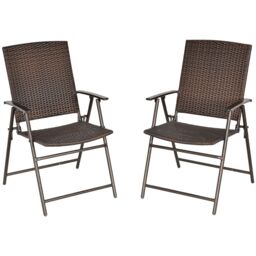 OUTSUNNY 2pcs Folding Garden Chair Rattan Bistro Set with Armrest for Outdoor Steel Frame in Brown - thumbnail 2
