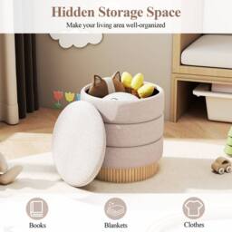 Costway Modern Round Storage Ottoman Upholstered Chenille Foot Stool W/ Lid in Beige - thumbnail 8