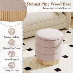 Costway Modern Round Storage Ottoman Upholstered Chenille Foot Stool W/ Lid in Beige - thumbnail 7