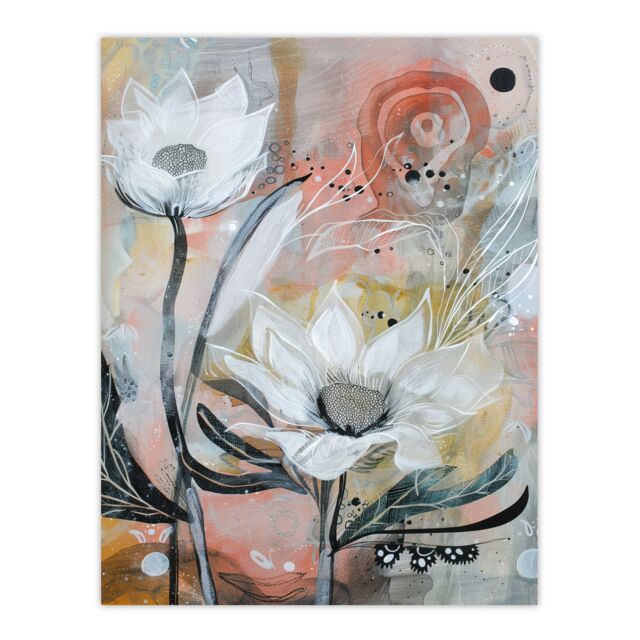 "Artery8 Italian White Sunflowers Bloom Abstract Painting Wall Art Print in Grey - Size: W18"" x H24""" - image 1