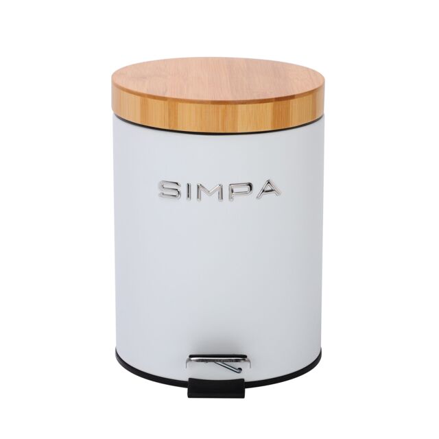 simpa 5L Soft-Closing Pedal Dustbin with Bamboo Lid in White - image 1