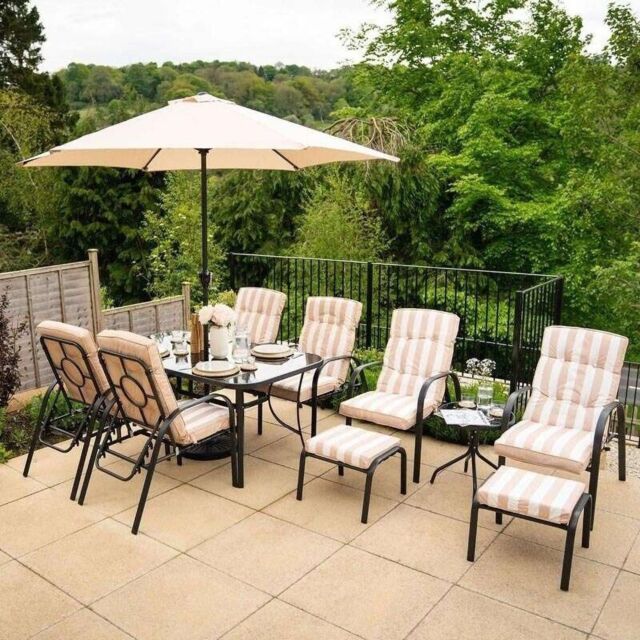 Hectare Reclining 6 Seater Patio Dining & Leisure Set with Parasol in Beige - image 1
