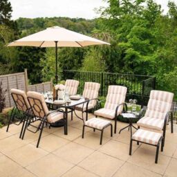 Hectare Reclining 6 Seater Patio Dining & Leisure Set with Parasol in Beige - thumbnail 1
