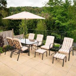 Hectare Reclining 6 Seater Patio Dining & Leisure Set with Parasol in Beige - thumbnail 2