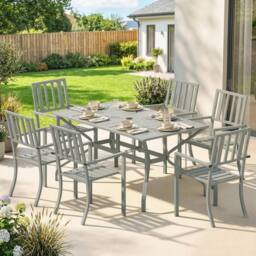 OUTSUNNY 7 Pieces Patio Dining Set with Umbrella Hole for Garden, Light Grey - thumbnail 1
