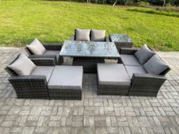 Fimous Outdoor Garden Furniture Sets 8 Pieces Wicker Rattan Furniture Sofa Dining Table Set with 2 Big Footstool Side Table in Dark Grey - thumbnail 2
