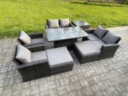 Fimous Outdoor Garden Furniture Sets 8 Pieces Wicker Rattan Furniture Sofa Dining Table Set with 2 Big Footstool Side Table in Dark Grey - thumbnail 1
