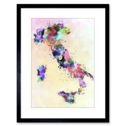 "Artery8 Wall Art Print Map Painting Italy Sardinia Sicily Paint Splash Colour Artwork Framed 9X7 Inch in Black - Size: W7"" x H9""" - thumbnail 1
