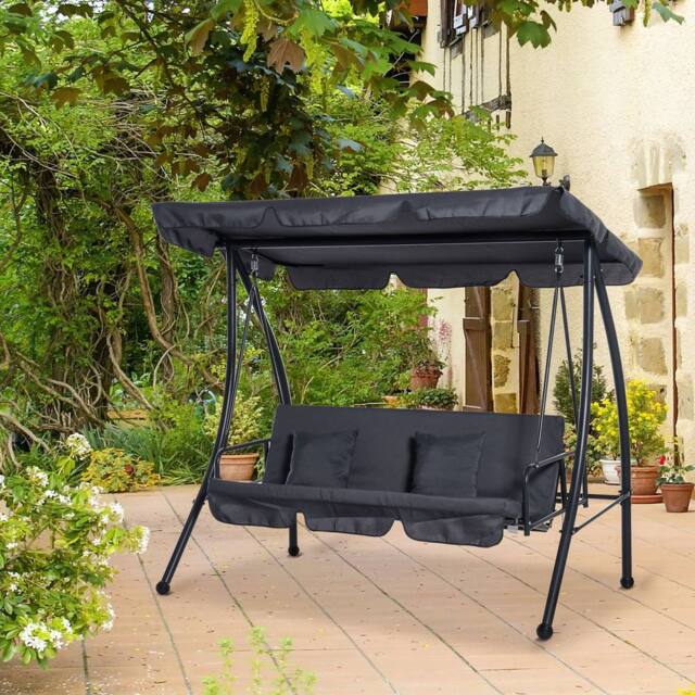 OUTSUNNY 2-in-1 Swing Chair 3 Seater Hammock Cushion Bed Tilt Canopy in Grey - image 1