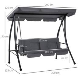 OUTSUNNY 2-in-1 Swing Chair 3 Seater Hammock Cushion Bed Tilt Canopy in Grey - thumbnail 3