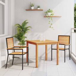 Berkfield Home 3 Piece Garden Dining Set Black Poly Rattan Acacia - thumbnail 2