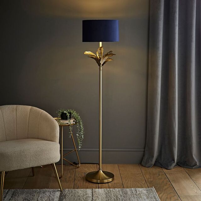 ValueLights Christina Velvet with Gold Inner Drum Shade Gold Palm Leaf Floor Lamp with Bulb in Navy - image 1