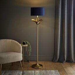 ValueLights Christina Velvet with Gold Inner Drum Shade Gold Palm Leaf Floor Lamp with Bulb in Navy - thumbnail 1