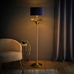 ValueLights Christina Velvet with Gold Inner Drum Shade Gold Palm Leaf Floor Lamp with Bulb in Navy - thumbnail 3