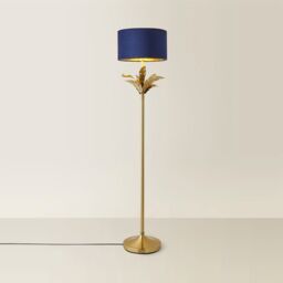 ValueLights Christina Velvet with Gold Inner Drum Shade Gold Palm Leaf Floor Lamp with Bulb in Navy - thumbnail 6