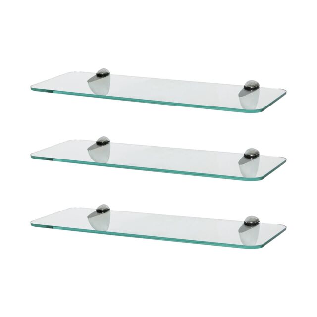 Harbour Housewares 3x Rounded Floating Glass Shelves - 40cm Bathroom Storage Display Unit in Silver - image 1