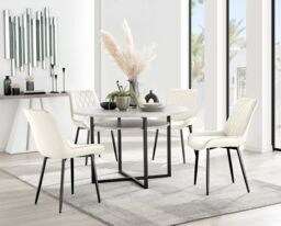 FurnitureboxUK Adley Grey Concrete Effect & Black Round Dining Table with Shelf & 4 Velvet Pesaro Dining Chairs in Cream - thumbnail 1