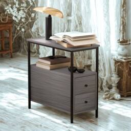 Pirlo Plush Industrial Bedside Table Nightstand With 2 Drawers & Shelf Grey - thumbnail 3