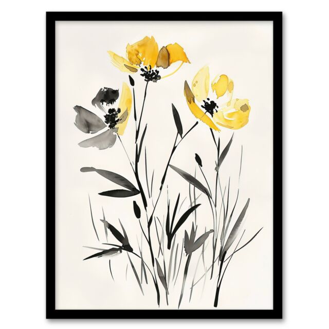 "Artery8 Wildflower Blooms Black White Yellow Watercolour Framed Art Print - Size: W12"" x H16""" - image 1