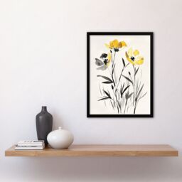 "Artery8 Wildflower Blooms Black White Yellow Watercolour Framed Art Print - Size: W12"" x H16""" - thumbnail 4