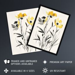 "Artery8 Wildflower Blooms Black White Yellow Watercolour Framed Art Print - Size: W12"" x H16""" - thumbnail 2