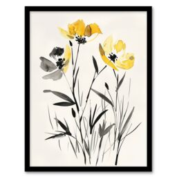 "Artery8 Wildflower Blooms Black White Yellow Watercolour Framed Art Print - Size: W12"" x H16""" - thumbnail 1
