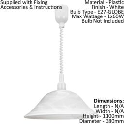 Loops Pendant Light Height Adjust Colour White Shade Glass Alabaster Bulb E27 1x60W - thumbnail 2