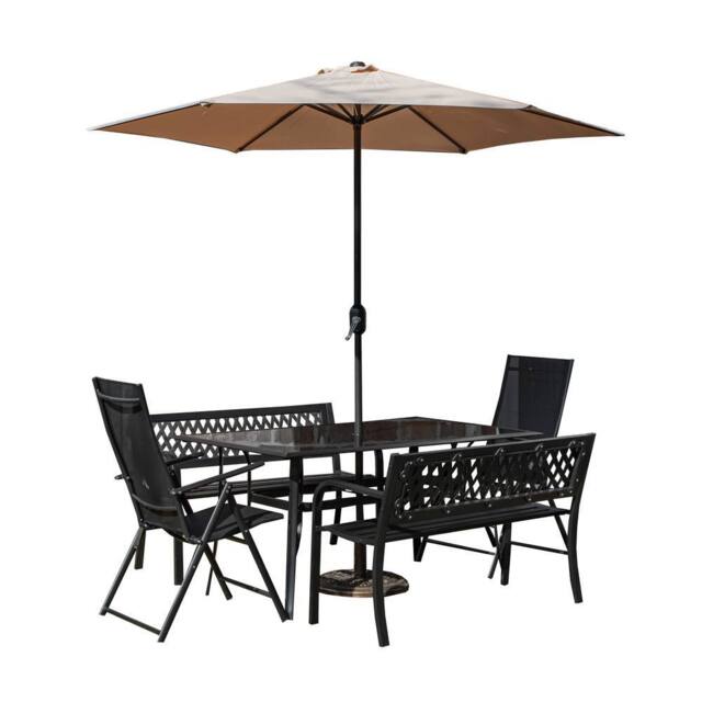 Samuel Alexander Outdoor 6 Person Glass Top Table Benches & Chairs, Parasol & Base in Beige - image 1