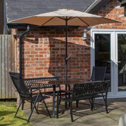 Samuel Alexander Outdoor 6 Person Glass Top Table Benches & Chairs, Parasol & Base in Beige - thumbnail 2