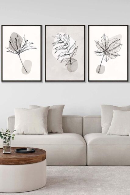 ARTZE Set of 3 Black Framed Grey & Beige Botanical Sketch Leaves Wall Art in Light Beige - Size: W33 cm x H45 cm x D20mm - image 1