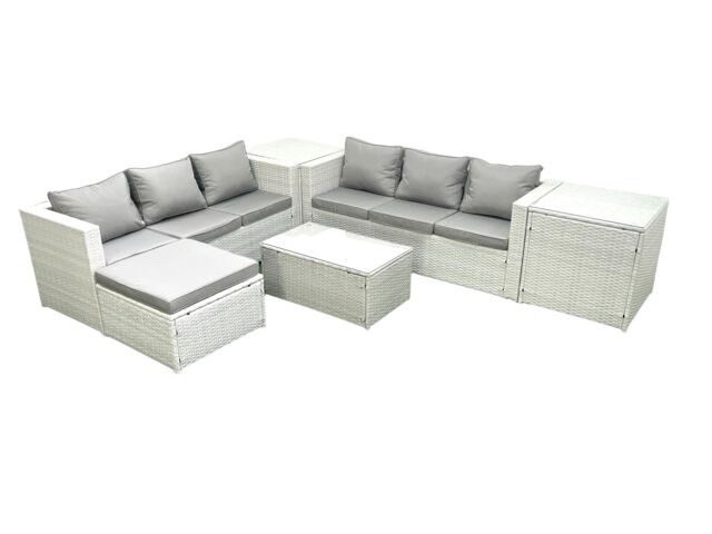 Fimous Garden Outdoor PE Rattan Furniture Set 7 Seater Rattan Garden Sofa Set with Big Footstool 2 Side Tables Light Grey Mixed - image 1