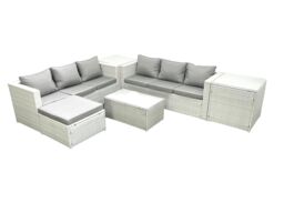 Fimous Garden Outdoor PE Rattan Furniture Set 7 Seater Rattan Garden Sofa Set with Big Footstool 2 Side Tables Light Grey Mixed - thumbnail 1