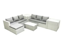Fimous Garden Outdoor PE Rattan Furniture Set 7 Seater Rattan Garden Sofa Set with Big Footstool 2 Side Tables Light Grey Mixed - thumbnail 2