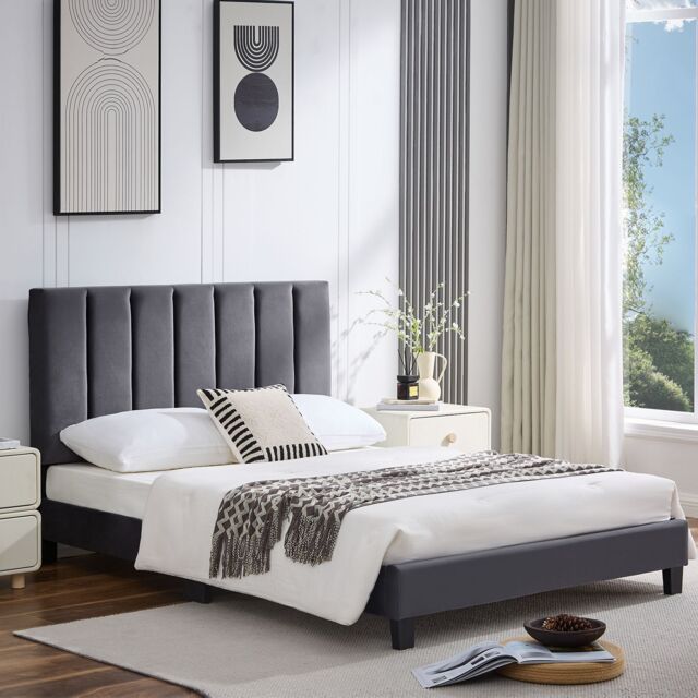 FURNITURE ONE Upholstered Platform Bed Frame with Adjustable Headboard in Grey - Size: King - image 1