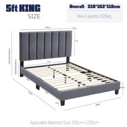 FURNITURE ONE Upholstered Platform Bed Frame with Adjustable Headboard in Grey - Size: King - thumbnail 5