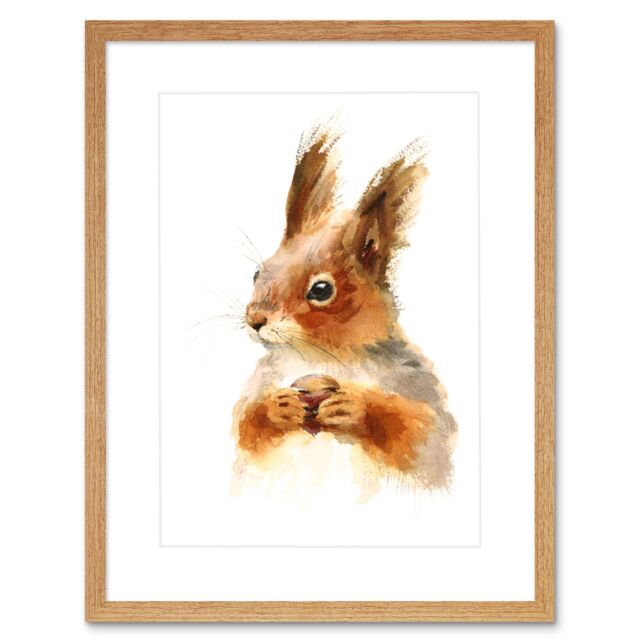 "Artery8 Wall Art Print Squirrel Watercolour with Nut Art Framed 9x7 inch in Beige - Size: W7"" x H9""" - image 1